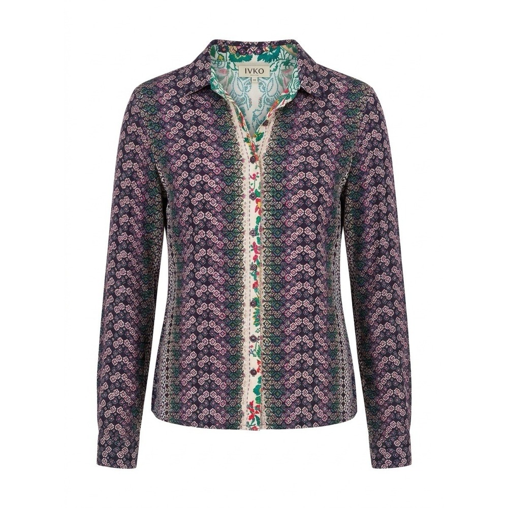 IVKO Women 36 Boho Colorful Pattern Button Up Collared Geometric